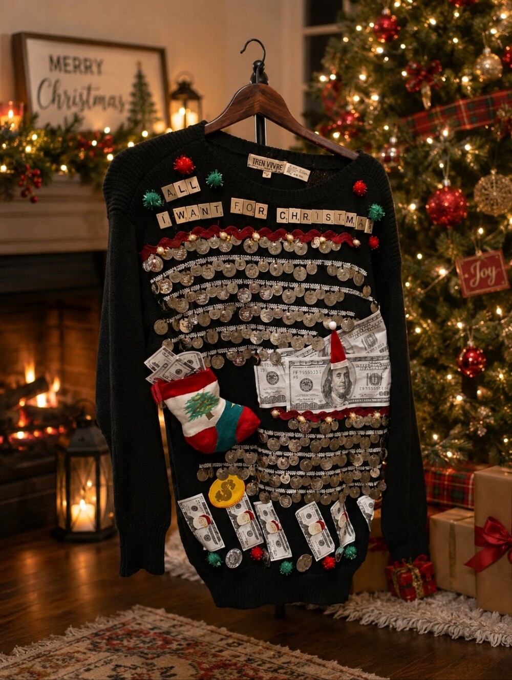 Black Christmas Sweater with Festive Decorations